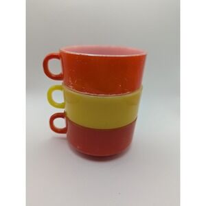 Vintage Glasbake Milk‎ Glass Soup Mugs Set of 3 Orange Yellow Stackable MCM USA